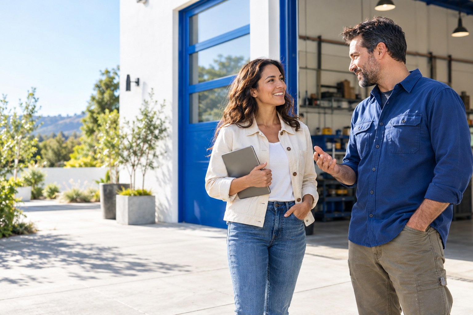 Two small business owners talking outside a sunlit workshop