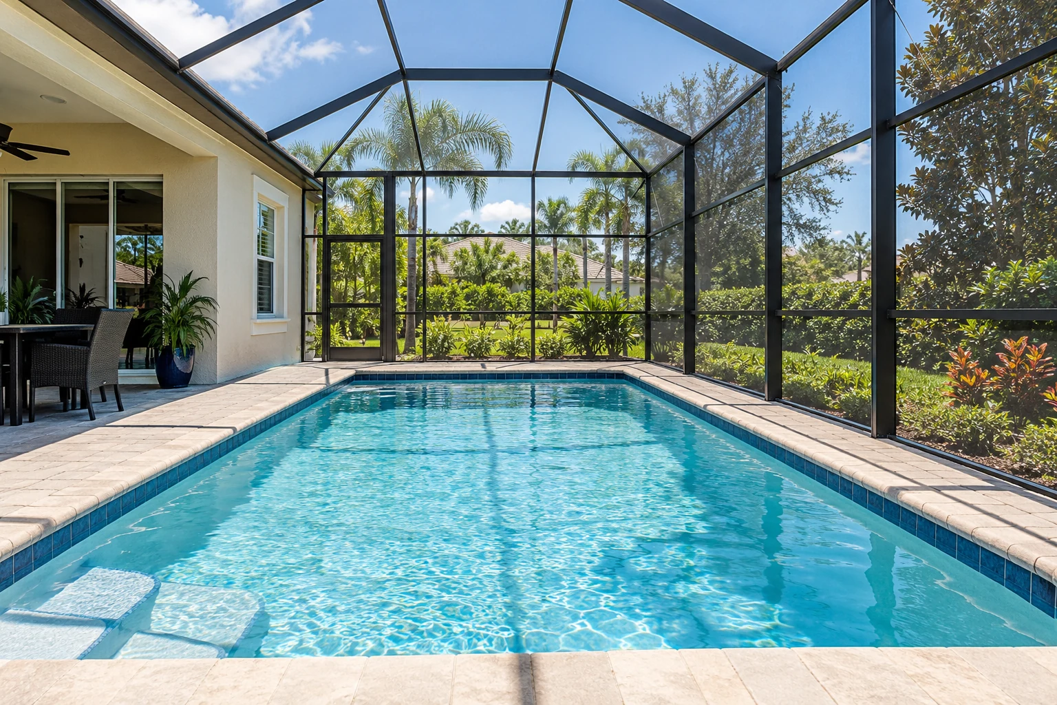 Screened pool enclosure over a sparkling pool