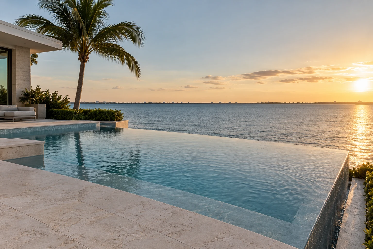 Infinity edge pool overlooking calm water at sunset