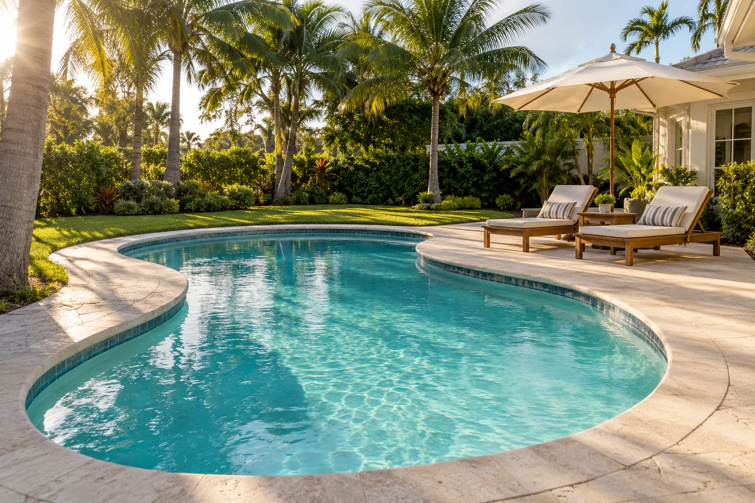 Classic kidney-shaped pool with lounge chairs and umbrella