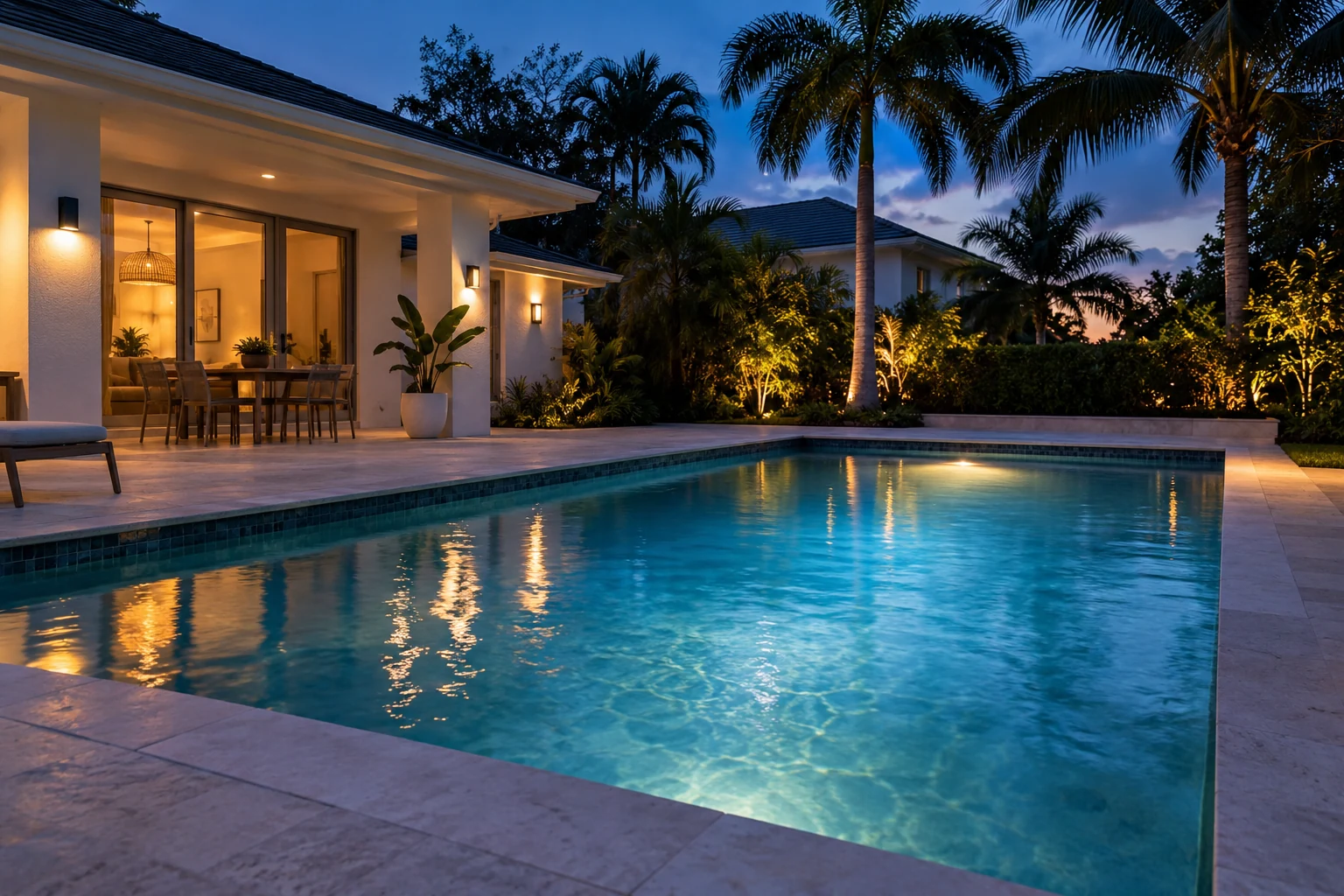 Residential pool with subtle underwater lighting at blue hour