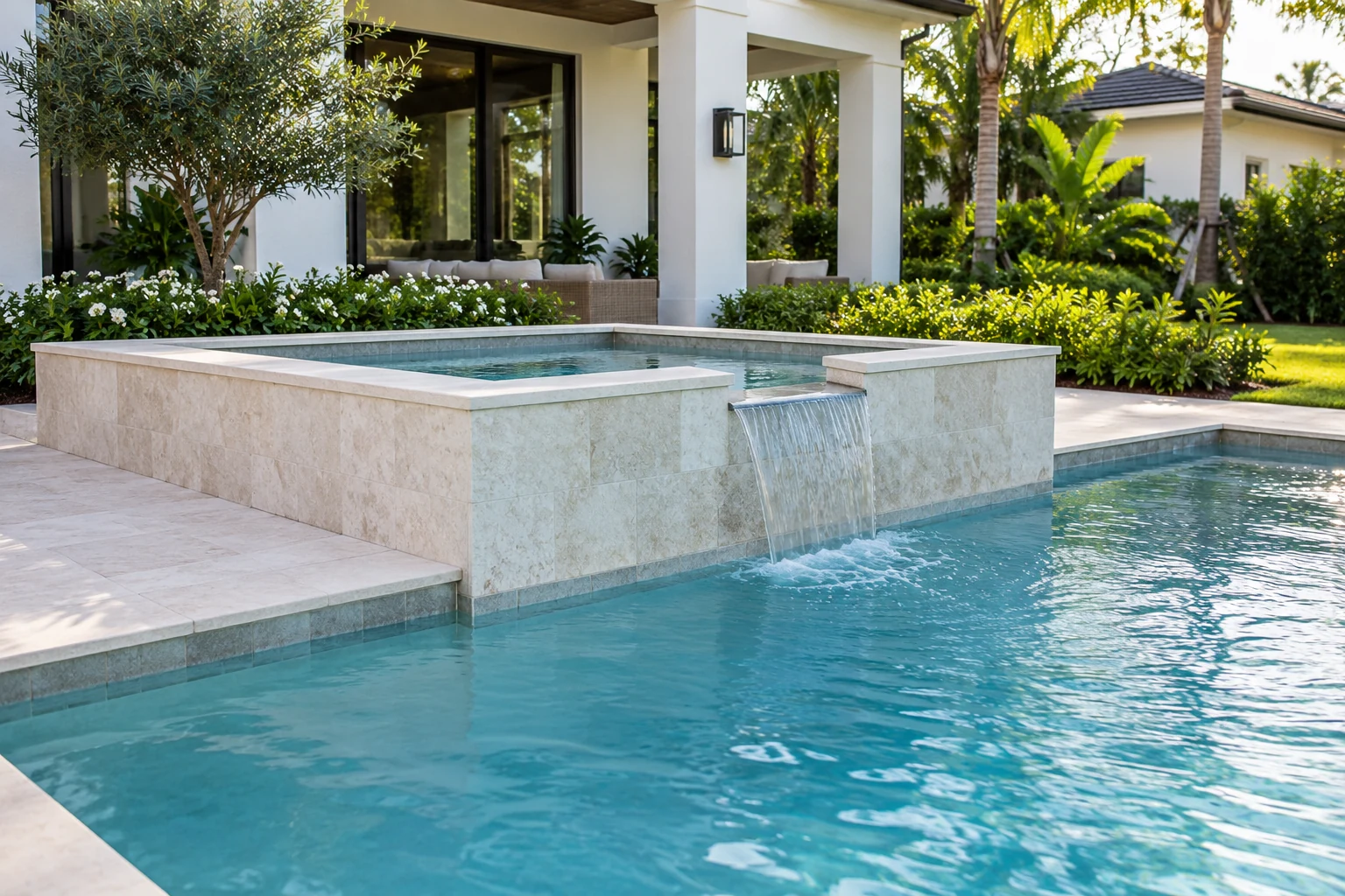 Raised square stone spa with a small spillway into a clear pool