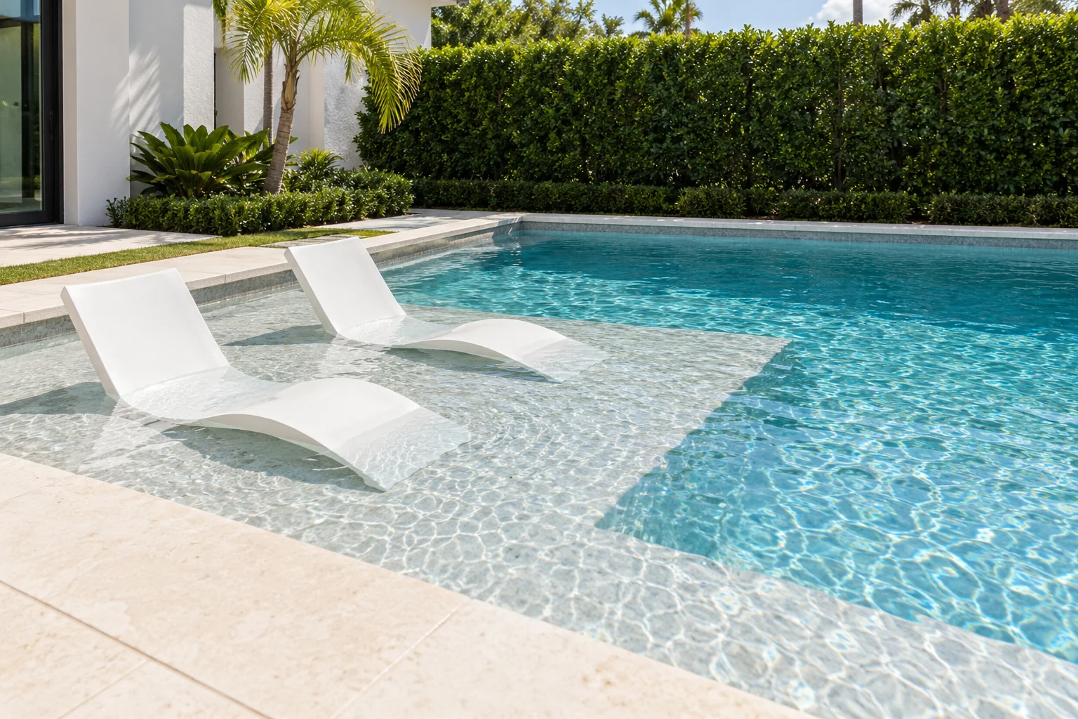 Shallow pool sun shelf with two white in-water loungers