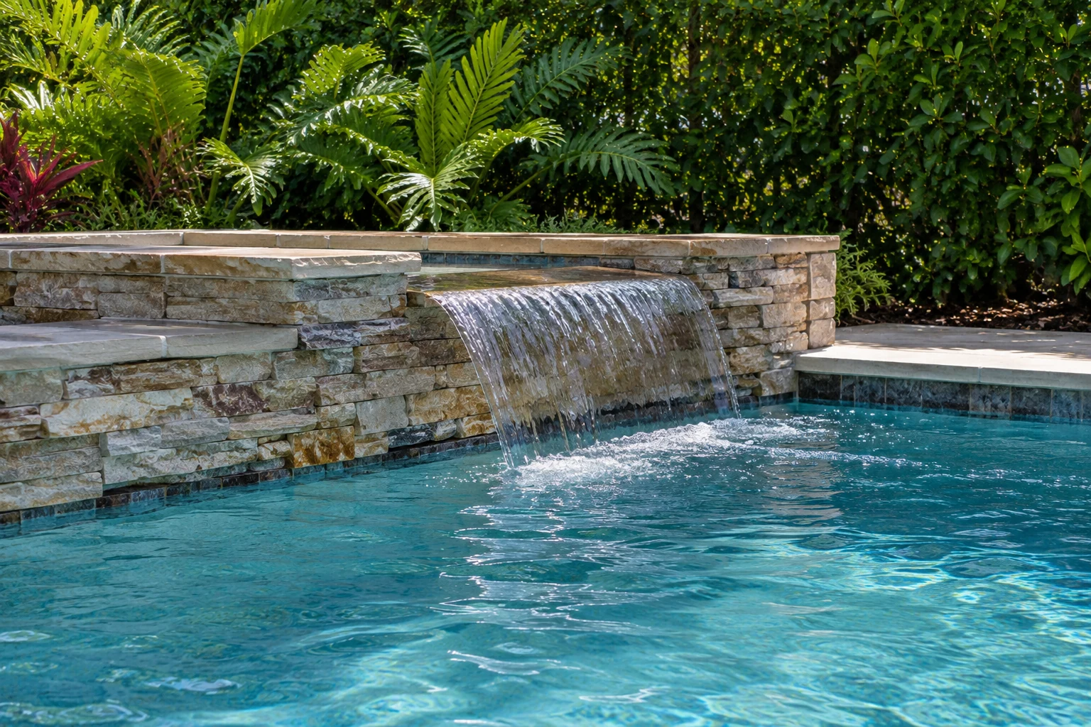 Small limestone cascade spilling into a clear backyard pool