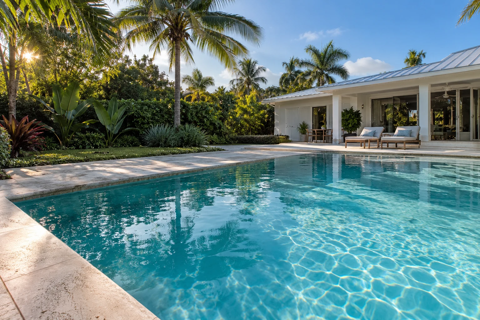 Clear blue backyard pool, limestone deck and palms in natural morning light