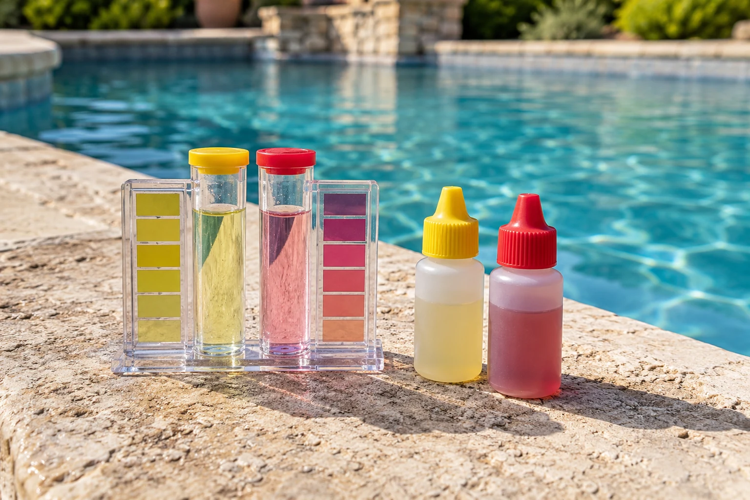 Two-chamber water test comparator and reagent bottles beside a clear pool