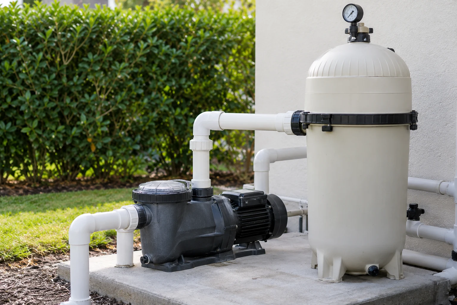 Pool pump, cartridge filter and neatly connected pipes on an equipment pad