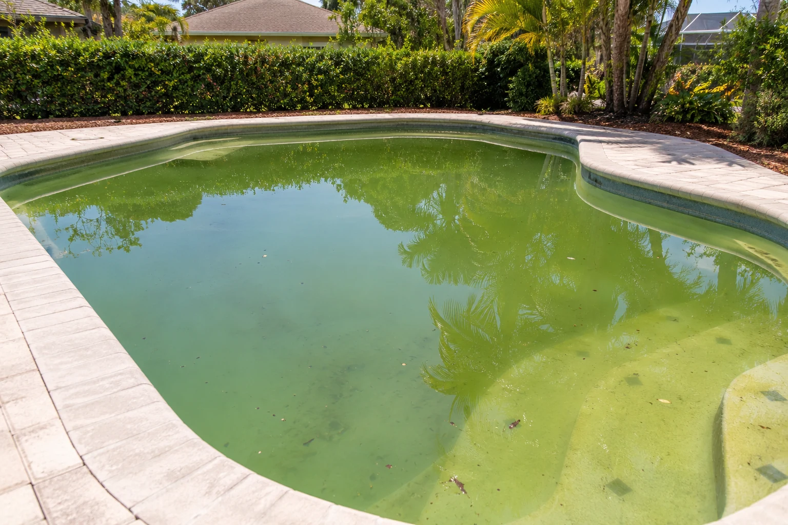 Residential pool with cloudy olive-green water awaiting algae treatment